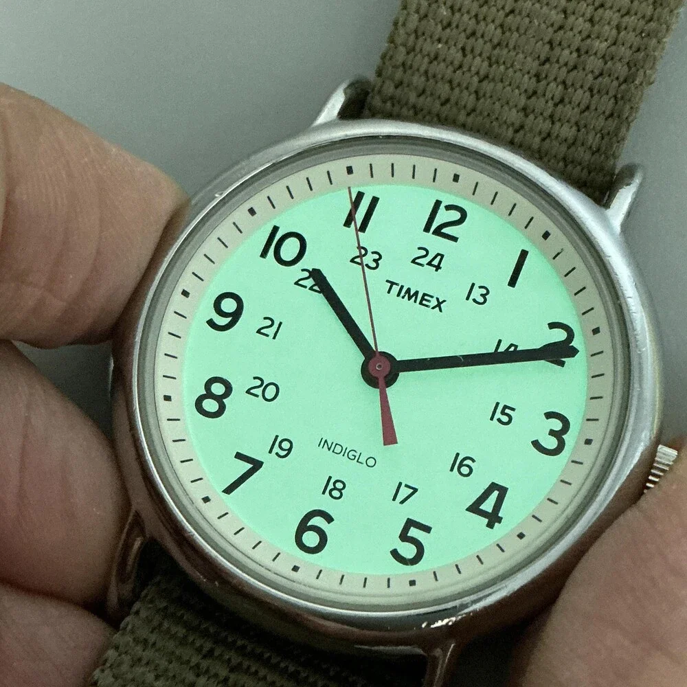 Timex Indiglo WR 30M Mens Watch 38mm Cream Dial Brown Nylon Strap Quartz